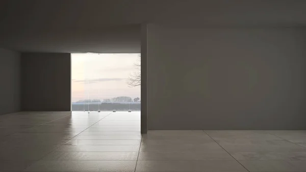 Diseño interior de la habitación vacía, espacio abierto con gran ventana panorámica en el prado de invierno con nieve, suelo de baldosas de mármol gris oscuro, arquitectura contemporánea moderna — Foto de Stock