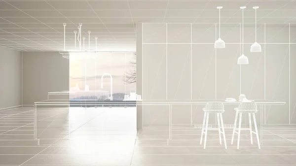 Empty white interior with white ceramic tiles floor, custom architecture design project, white ink sketch, blueprint showing modern kitchen, concept, mock-up, architecture idea