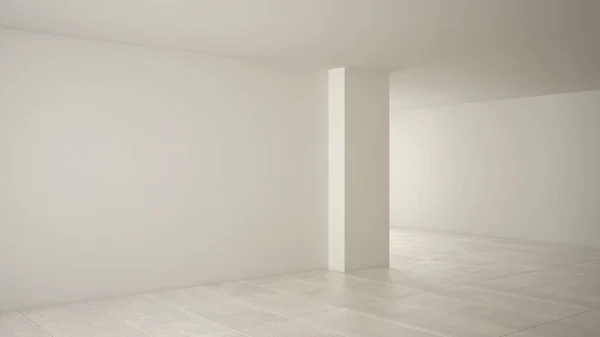 Порожній дизайн інтер'єру кімнати, відкритий простір з великим панорамним вікном на зимовому лузі зі снігом, підлога з кремового мармуру, сучасна архітектура — стокове фото