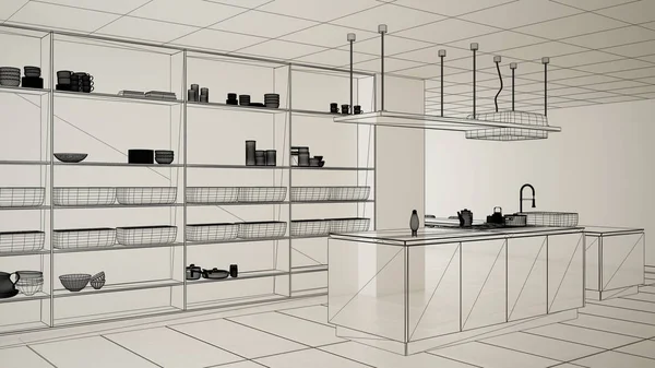 Κενό λευκό εσωτερικό με λευκό κεραμικό δάπεδο πλακιδίων, έθιμο σχέδιο αρχιτεκτονικής, μαύρο σκίτσο μελάνι, σχέδιο που δείχνει σύγχρονη κουζίνα, έννοια, μακέτα, αρχιτεκτονική ιδέα — Φωτογραφία Αρχείου