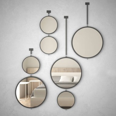 Yuvarlak aynalar iç tasarım sahnesi yansıtan duvara asılı, minimalist çağdaş yatak odası, modern mimari konsept fikir