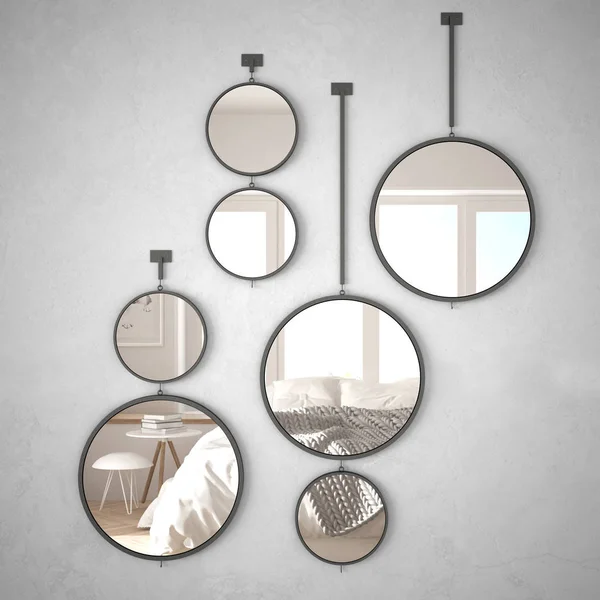 Круглые зеркала, висящие на стене, отражающие сцену дизайна интерьера, минималистская спальня, концепция современной архитектуры — стоковое фото