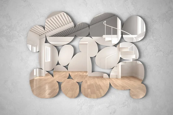 Moderní zrcadlo ve tvaru oblázků visící na stěně reflektující interiérový design, jasný prázdný prostor se schodištěm, minimalistický koncept architekta designu — Stock fotografie