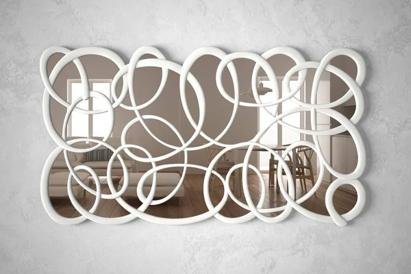 인테리어 디자인 장면을 반영 하는 벽에 걸려 현대 트위스트 모양 거울, 안락 의자와 밝은 거실, 미니멀 한 흰색 건축, 건축가 디자이너 개념 아이디어 — 스톡 사진