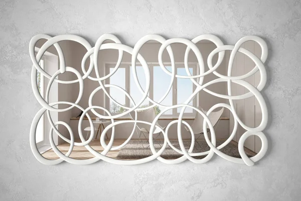인테리어 디자인 장면을 반영 하는 벽에 걸려 현대 트위스트 모양 거울, 안락 의자와 밝은 거실, 미니멀 한 흰색 건축, 건축가 디자이너 개념 아이디어 — 스톡 사진