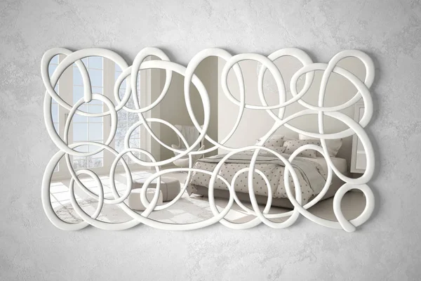 인테리어 디자인 장면, 더블 침대가있는 밝은 침실, 미니멀 한 흰색 건축, 미니멀 한 흰색 건축을 반영하는 벽에 걸린 현대적인 트위스트 모양 거울 — 스톡 사진