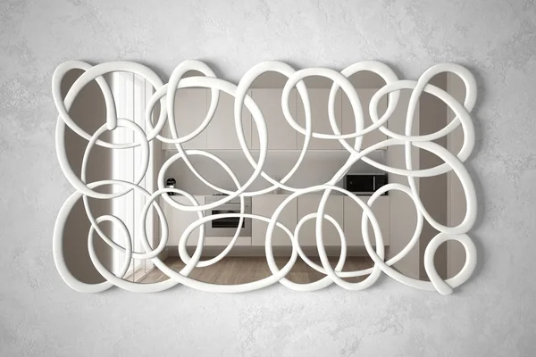 Espejo moderno de forma retorcida colgado en la pared que refleja la escena de diseño de interiores, cocina blanca brillante, arquitectura blanca minimalista, idea de concepto de arquitecto diseñador —  Fotos de Stock