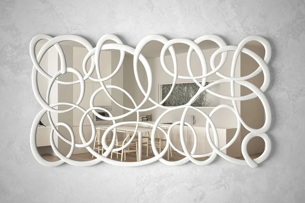 Modern twisted shape mirror hanging on the wall reflecting interior design scene, bright white kitchen, minimalist white architecture, architect designer concept idea