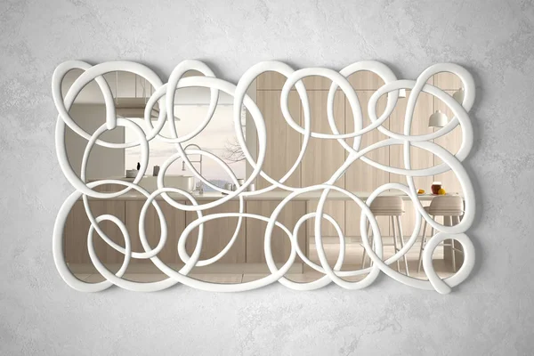 인테리어 디자인 장면, 밝은 흰색과 나무 부엌, 미니멀 한 흰색 건축, 건축가 디자이너 개념 아이디어를 반영 벽에 매달려 현대 트위스트 모양 거울 — 스톡 사진