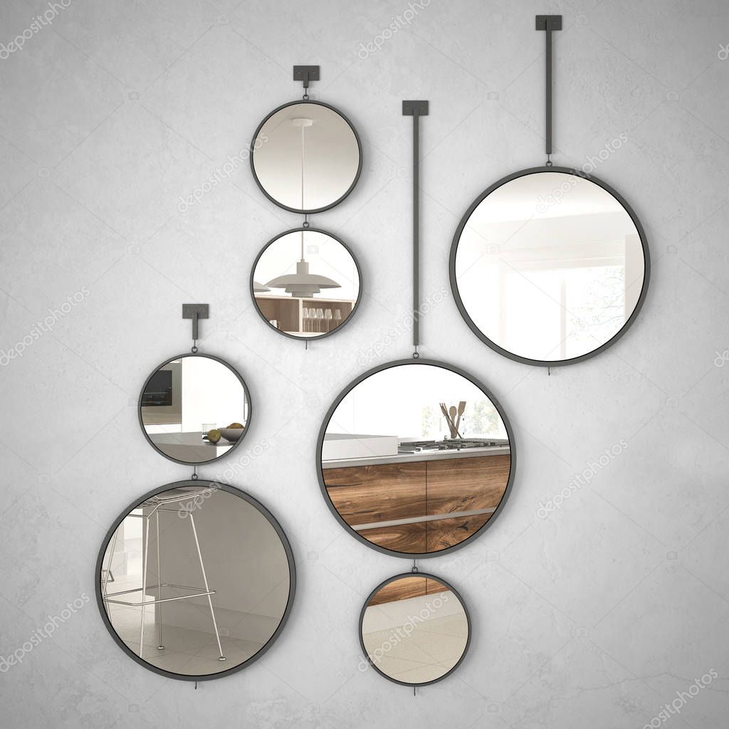 Round mirrors hanging on the wall reflecting interior design scene, minimalist white and wooden kitchen, modern architecture concept idea