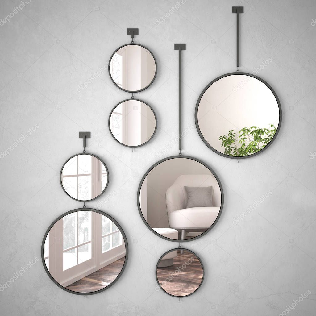Round mirrors hanging on the wall reflecting interior design scene, minimalist white living, modern architecture concept idea
