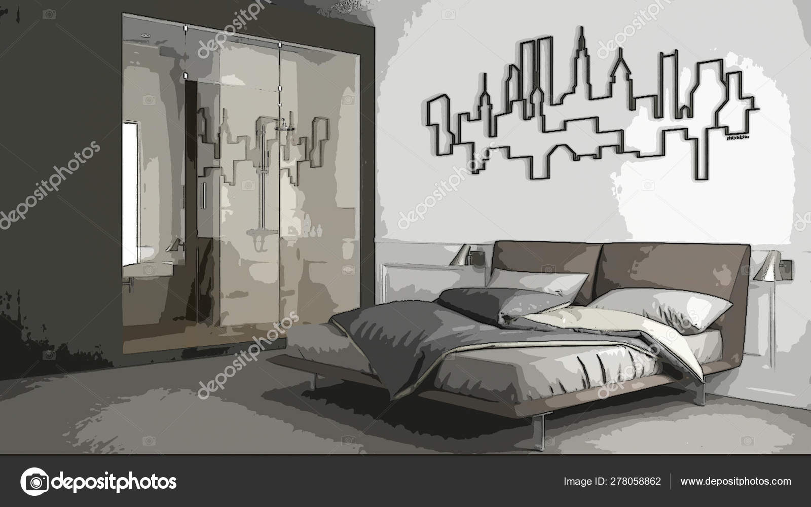 Cartoon Illustration Of Cozy Modern Bedroom Interior Design