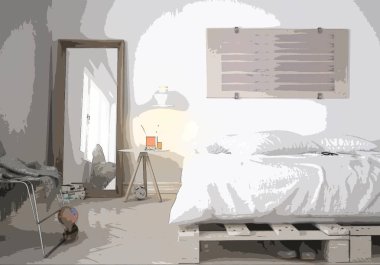 Rahat modern yatak odası Karikatür illüstrasyon, iç tasarım. Renkli arka plan, mobilya ile daire konsepti, dijital resim, ön çizim defteri, mimari fikir