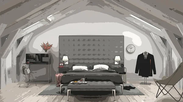 Cartoon Illustration von gemütlichen modernen Schlafzimmer, Innenarchitektur. bunter Hintergrund, Wohnungskonzept mit Möbeln, digitaler Malerei, Skizzenbuch, Architekturidee — Stockfoto