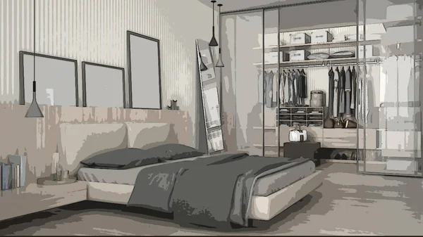 Ilustrasi kartun kamar tidur modern yang nyaman, desain interior. Latar belakang berwarna, konsep apartemen dengan furnitur, lukisan digital, buku sketsa awal, ide arsitektur — Stok Foto