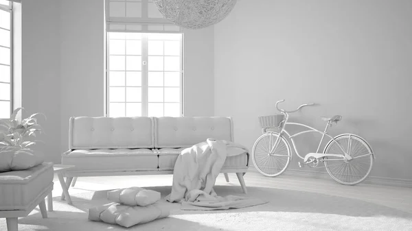 Borrador de proyecto blanco total, sala de estar escandinava minimalista con grandes ventanales, sofá, sillón y alfombra, idea de concepto de arquitectura de diseño de interiores modernos — Foto de Stock
