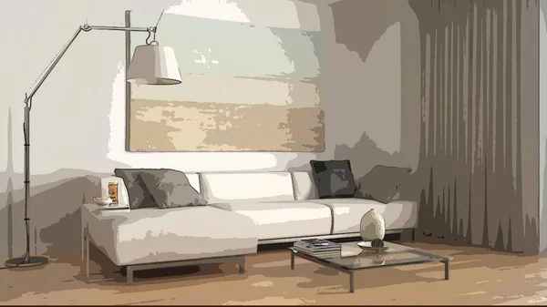 Illustrazione cartone animato di accogliente soggiorno moderno, interior design. Sfondo colorato, concetto di appartamento con mobili, pittura digitale, bozzetto preliminare, idea di architettura — Foto Stock