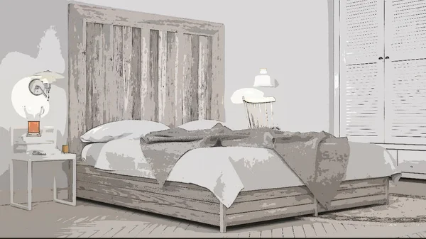 Tecknad illustration av mysigt modernt sovrum, inredningsdesign. Färgglad bakgrund, Lägenhet koncept med möbler, digital målning, preliminära Sketchbook, arkitektur idé — Stockfoto