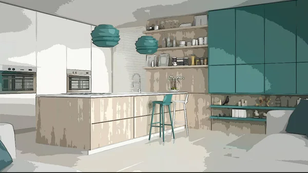 Cartoon illustration of cozy modern kitchen, interior design. Colorful background, apartment concept with furniture, digital painting, preliminary sketchbook, architecture idea