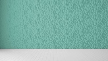 Boş oda iç tasarım, turkuaz panel ve ahşap boş zemin, kopyalama alanı ile modern mimari arka plan, şablon mockup fikir