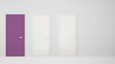 Çerçeveli kapalı kapılar, bir mor kapı, ahşap beyaz zemin ile boş beyaz oda iç tasarım. Kopyalama alanı ile seçim, karar, seçim, seçenek kavramı fikri