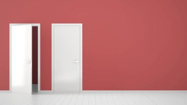 Çerçeveli açık ve kapalı kapılar, kapı kolları, ahşap beyaz zemin ile boş kırmızı oda iç tasarım. Kopyalama alanı ile seçim, karar, seçim, seçenek kavramı fikri