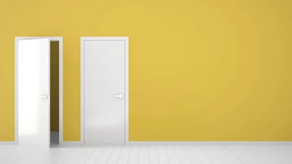 フレーム、ドアハンドル、木製の白い床が付いている開く、閉じられたドアが付いている空の黄色の部屋のインテリアデザイン。選択、決定、選択、コピースペースを持つオプションコンセプトのアイデア — ストック写真