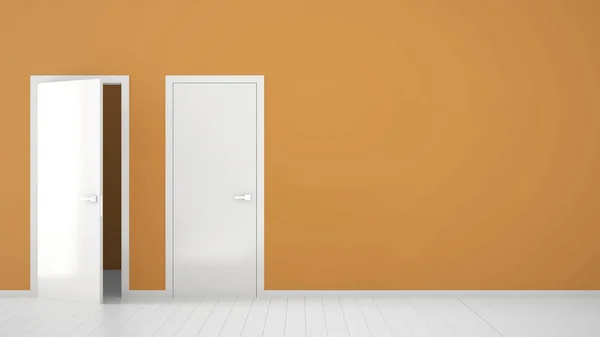 Пустой оранжевый дизайн интерьера комнаты с открытыми и закрытыми дверями с рамой, дверными ручками, деревянным белым полом. Выбор, решение, выбор, идея концепции опций с пространством для копирования — стоковое фото
