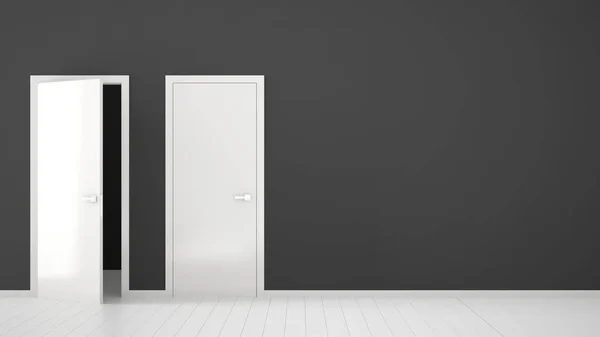 フレーム、ドアハンドル、木製の白い床が付いている開く、閉じられたドアが付いている空の部屋のインテリアデザイン。選択、決定、選択、コピースペースを持つオプションコンセプトのアイデア — ストック写真