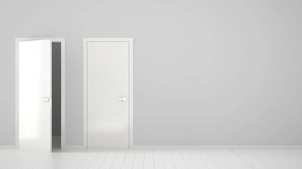 Άδειο δωμάτιο εσωτερικού σχεδιασμού με ανοιχτές και κλειστές πόρτες με κορνίζα, λαβές πόρτας, ξύλινο λευκό πάτωμα. Επιλογή, απόφαση, επιλογή, ιδέα έννοια επιλογή με χώρο αντιγραφής — Φωτογραφία Αρχείου