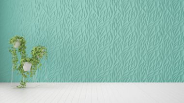 Boş oda iç tasarım, turkuaz dekore edilmiş kalıp panel, ahşap beyaz zemin ve saksı bitki, kopyalama alanı ile modern mimari arka plan, şablon mockup fikir