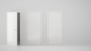 Kapalı ve açık kapılı, çerçeveli, kapı kolları, ahşap beyaz zeminli boş oda iç tasarımı. Kopyalama alanı ile seçim, karar, seçim, seçenek kavramı fikri