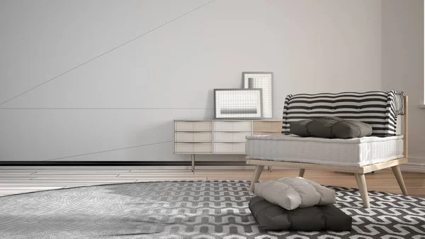 Architetto concetto di interior designer: progetto incompiuto che diventa reale, soggiorno minimalista con grande tappeto rotondo e divano con cuscini, interior design moderno — Foto Stock