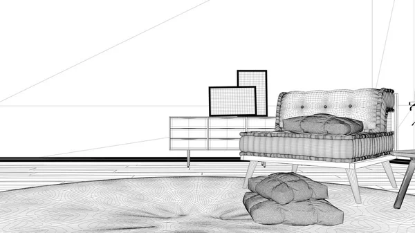 청사진 프로젝트 초안, 베개가있는 큰 둥근 카펫과 소파가있는 미니멀 한 거실, 현대적인 인테리어 디자인 건축 개념 아이디어 — 스톡 사진