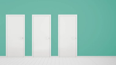 Çerçeveli kapalı kapılar, kapı kolları, ahşap beyaz zemin ile boş turkuaz oda iç tasarım. Kopyalama alanı ile seçim, karar, seçim, seçenek kavramı fikri