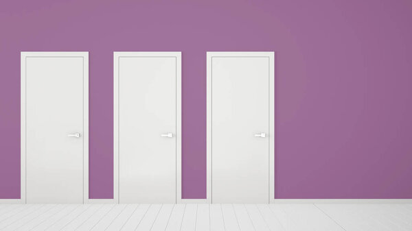 Empty purple room interior design with closed doors with frame, door handles, wooden white floor. Choice, decision, selection, option concept idea with copy space