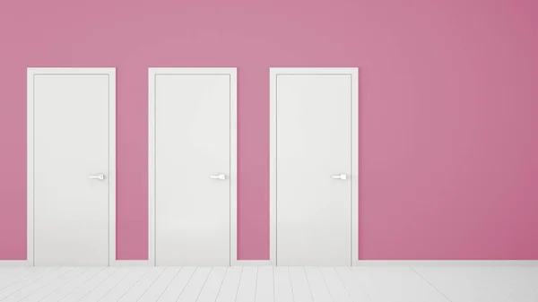 Empty pink room interior design with closed doors with frame, door handles, wooden white floor. Choice, decision, selection, option concept idea with copy space