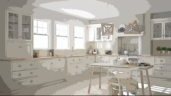 Tecknad illustration av mysigt modernt kök, inredningsdesign. Färgglad bakgrund, Lägenhet koncept med möbler, digital målning, preliminära Sketchbook, arkitektur idé — Stockfoto
