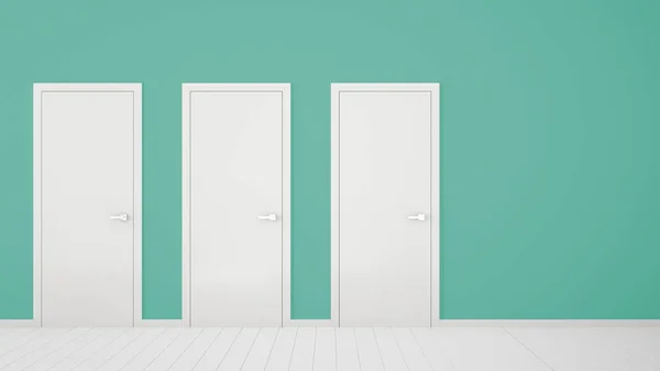 Empty turquoise room interior design with closed doors with frame, door handles, wooden white floor. Choice, decision, selection, option concept idea with copy space — Stock Photo, Image