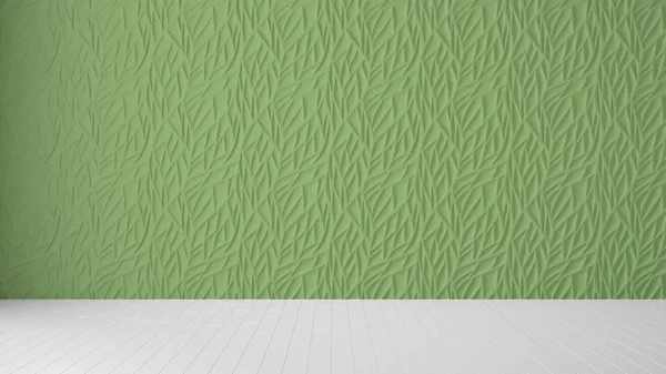 空室のインテリアデザイン、緑のパネルと木製の空白の床、コピースペースと近代的な建築の背景、テンプレートモックアップのアイデア — ストック写真