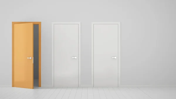Quarto vazio design de interiores com duas portas brancas fechadas e uma porta laranja aberta com moldura, piso branco de madeira. Escolha, decisão, seleção, ideia de conceito de opção com espaço de cópia — Fotografia de Stock