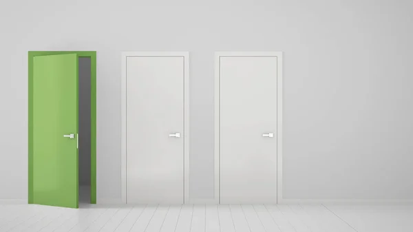 빈 방 인테리어 디자인 두 개의 흰색 폐쇄 문과 프레임, 나무 흰색 바닥과 하나의 열린 녹색 문. 복사 공간이 있는 선택, 결정, 선택, 옵션 개념 아이디어 — 스톡 사진