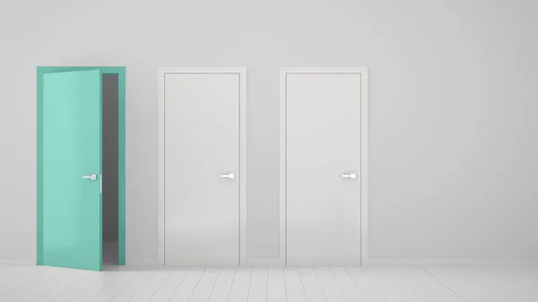 빈 객실 인테리어 디자인으로 두 개의 흰색 닫힌 문과 프레임이있는 열린 청록색 문, 나무 흰색 바닥. 복사 공간이 있는 선택, 결정, 선택, 옵션 개념 아이디어 — 스톡 사진