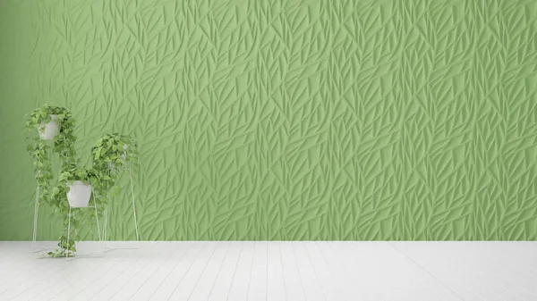 Pusty pokój wystroju wnętrz, zielony ozdobiony formowany panel, drewniana podłoga biała i doniczkowa roślina, nowoczesna architektura tło z kopią przestrzeni, szablon pomysł makieta — Zdjęcie stockowe