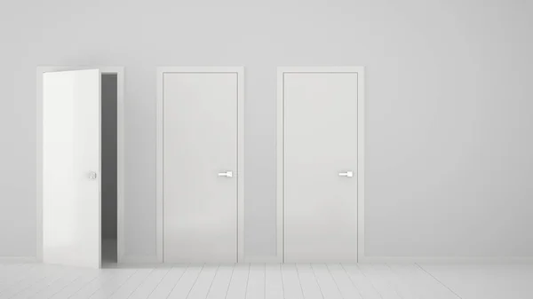 Άδειο δωμάτιο εσωτερικού σχεδιασμού με κλειστές και ανοιχτές πόρτες με κορνίζα, λαβές πόρτας, ξύλινο λευκό πάτωμα. Επιλογή, απόφαση, επιλογή, ιδέα έννοια επιλογή με χώρο αντιγραφής — Φωτογραφία Αρχείου
