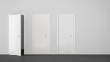 Kapalı ve açık kapılı, çerçeveli, kapı kolları, ahşap gri zeminli boş oda iç tasarımı. Kopyalama alanı ile seçim, karar, seçim, seçenek kavramı fikri