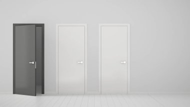 İki beyaz kapalı kapı ve çerçeve, ahşap beyaz zemin ile bir açık gri kapı ile boş oda iç tasarım. Kopyalama alanı ile seçim, karar, seçim, seçenek kavramı fikri
