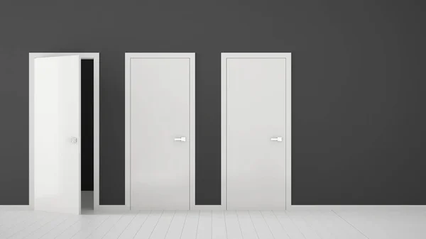 Άδειο γκρι δωμάτιο εσωτερικό σχεδιασμό με κλειστές και ανοιχτές πόρτες με κορνίζα, λαβές πόρτας, ξύλινο λευκό πάτωμα. Επιλογή, απόφαση, επιλογή, ιδέα έννοια επιλογή με χώρο αντιγραφής — Φωτογραφία Αρχείου
