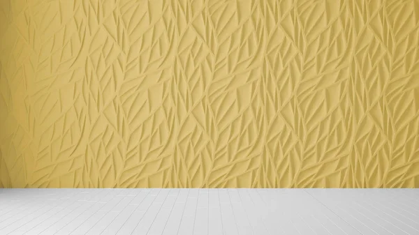 空室のインテリアデザイン、黄色のパネルと木製の空白の床、コピースペースと近代的な建築の背景、テンプレートモックアップのアイデア — ストック写真