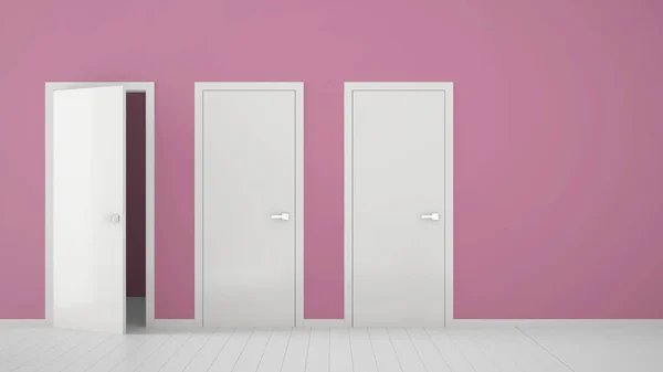 Empty pink room interior design with closed and open doors with frame, door handles, wooden white floor. Choice, decision, selection, option concept idea with copy space